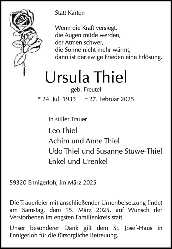 Traueranzeige von Ursula Thiel von Die Glocke
