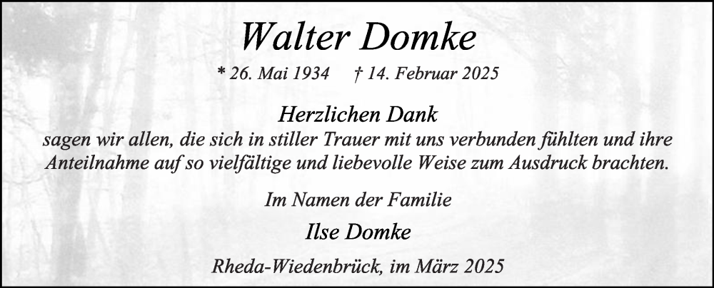  Traueranzeige für Walter Domke vom 22.03.2025 aus Die Glocke