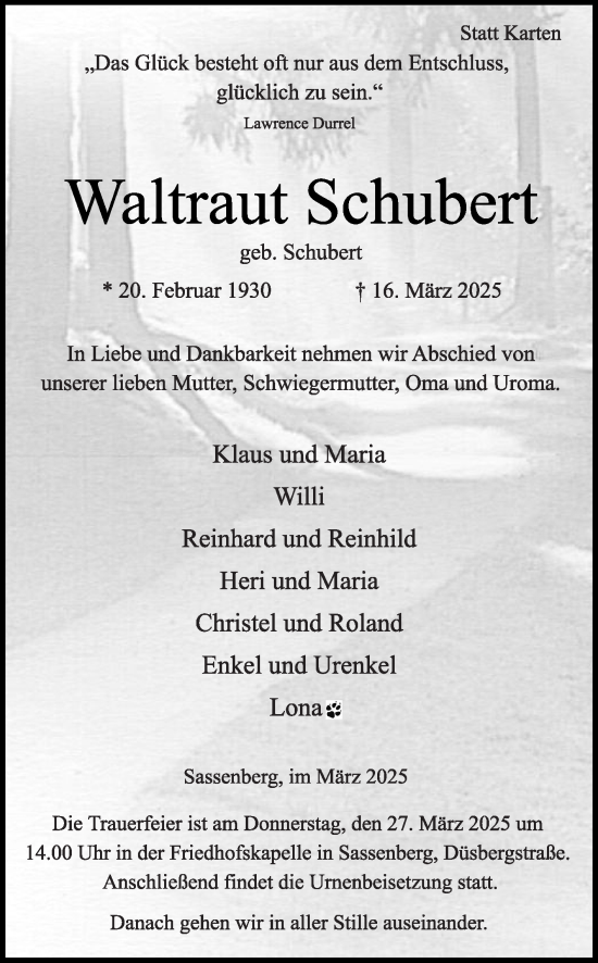 Traueranzeige von Waltraut Schubert von Die Glocke