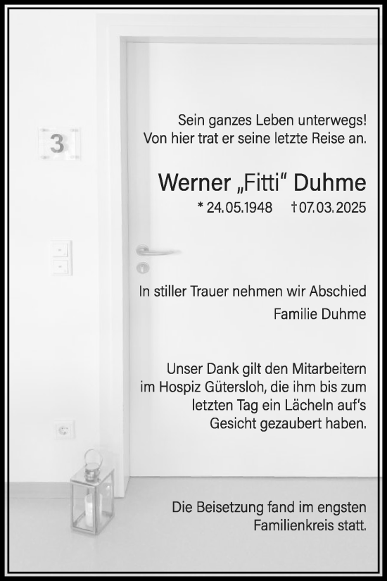Traueranzeige von Werner Duhme von Die Glocke
