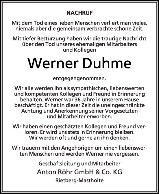 Traueranzeige von Werner Duhme von Die Glocke