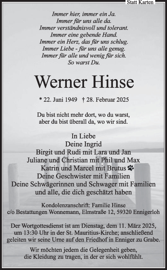 Traueranzeige von Werner Hinse von Die Glocke