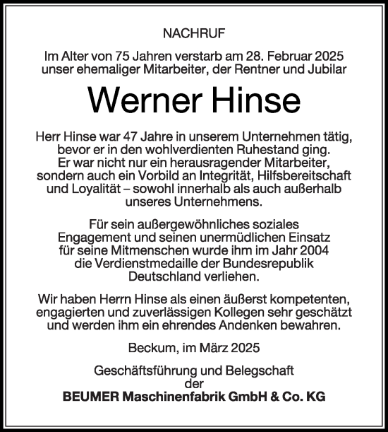Traueranzeige von Werner Hinse von Die Glocke