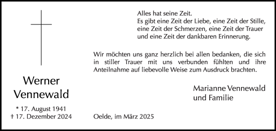 Traueranzeige von Werner Vennewald von Die Glocke