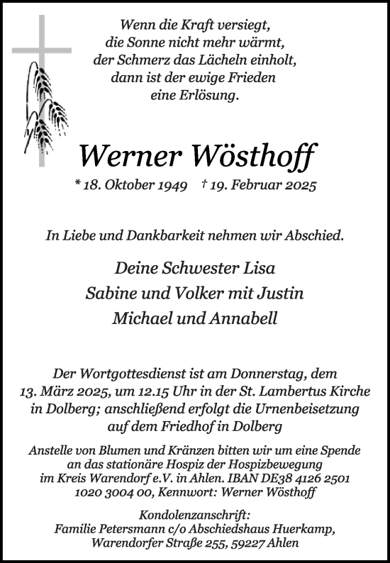 Traueranzeige von Werner Wösthoff von Die Glocke