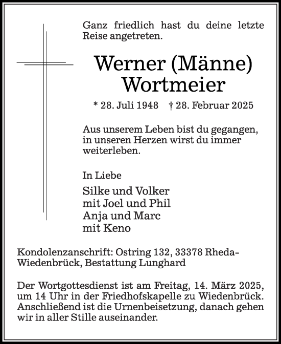 Traueranzeige von Werner Wortmeier von Die Glocke