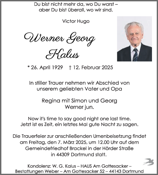 Traueranzeige von Werner Georg Kalus von Die Glocke