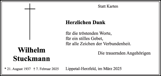 Traueranzeige von Wilhelm Stuckmann von Die Glocke