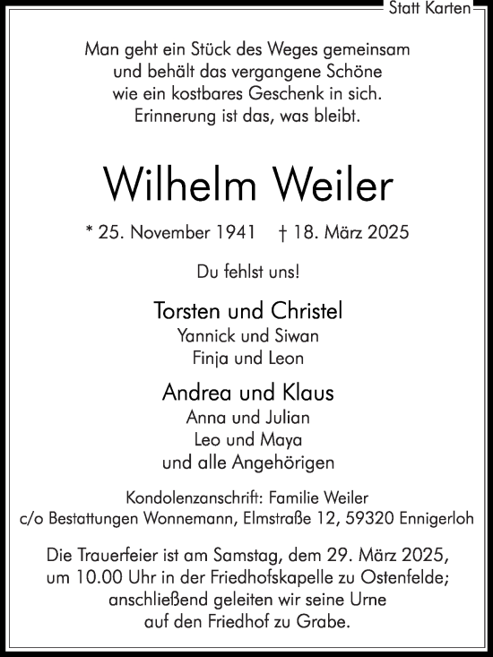 Traueranzeige von Wilhelm Weiler von Die Glocke