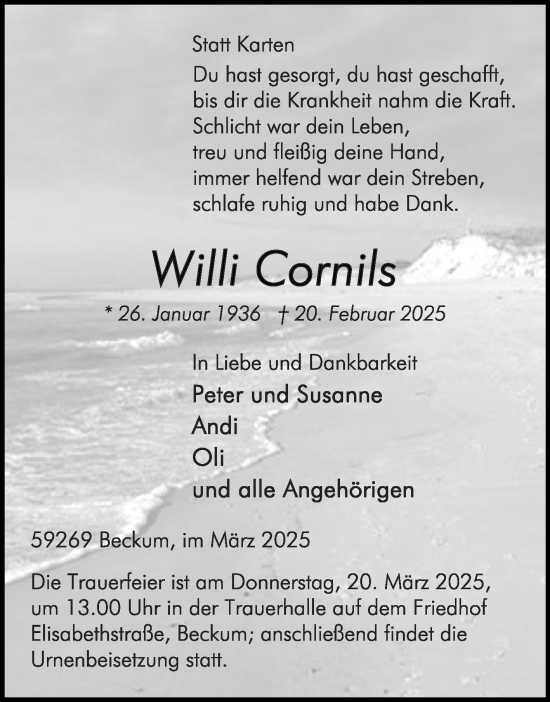 Traueranzeige von Willi Cornils von Die Glocke