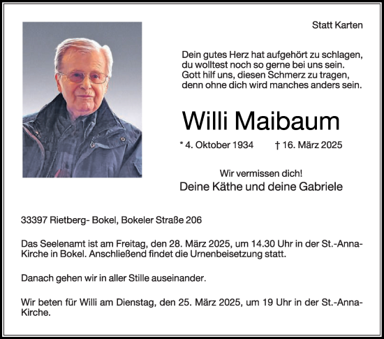 Traueranzeige von Willi Maibaum von Die Glocke