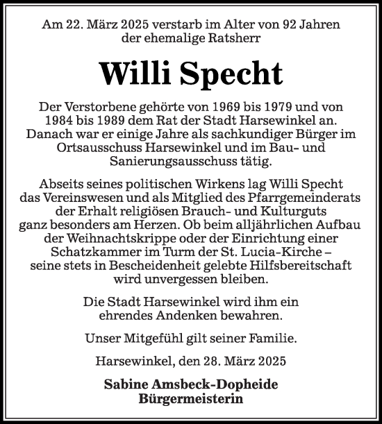 Traueranzeige von Willi Specht von Die Glocke