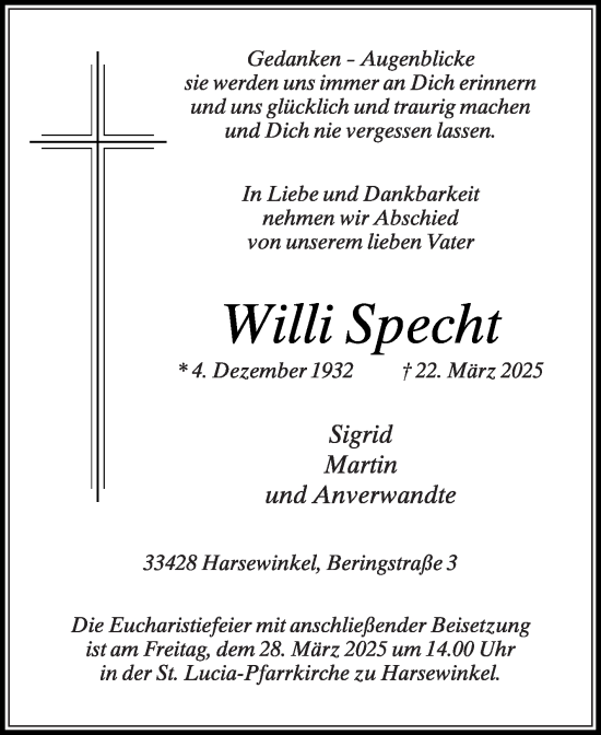 Traueranzeige von Willi Specht von Die Glocke