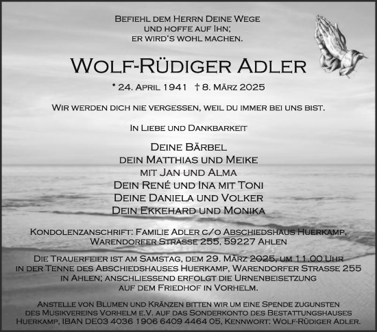 Traueranzeige von Wolf-Rüdiger Adler von Die Glocke