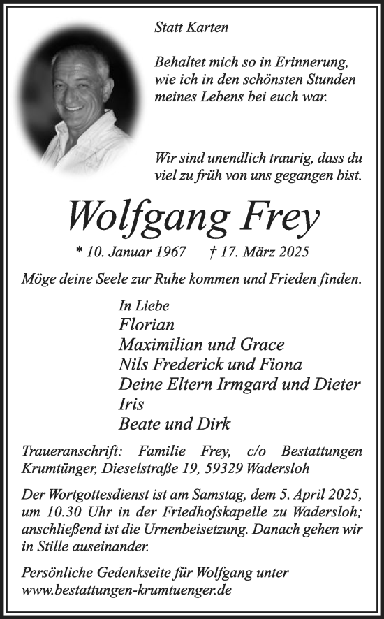 Traueranzeige von Wolfgang Frey von Die Glocke