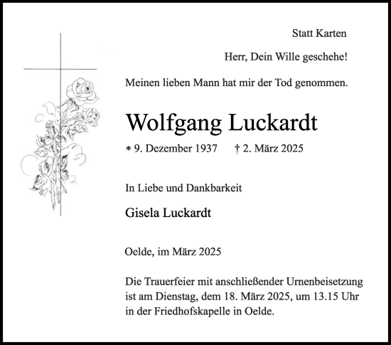 Traueranzeige von Wolfgang Luckardt von Die Glocke