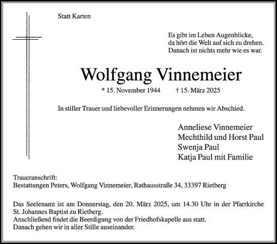 Traueranzeige von Wolfgang Vinnemeier von Die Glocke