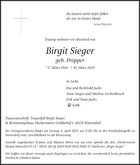 Traueranzeige von Birgit Sieger 