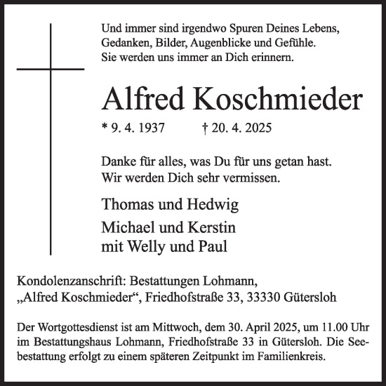 Traueranzeige von Alfred Koschmieder von Die Glocke