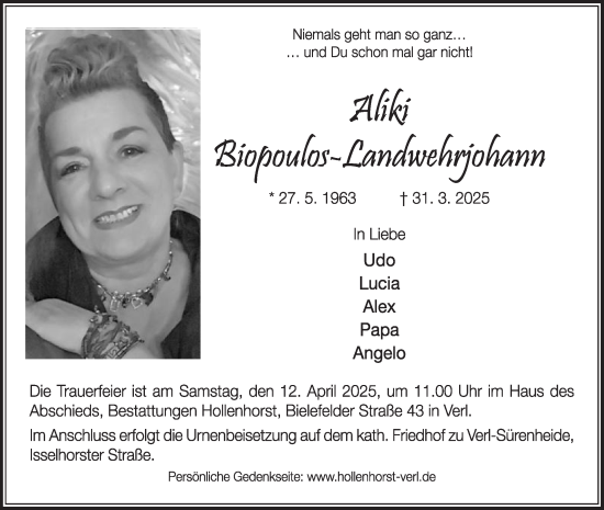 Traueranzeige von Aliki Biopoulos-Landwehrjohann von Die Glocke