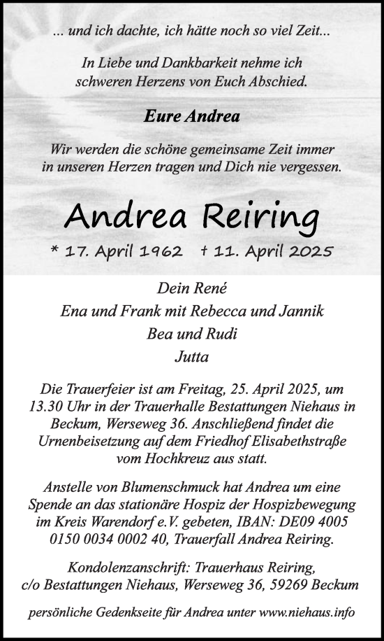 Traueranzeige von Andrea Reiring von Die Glocke