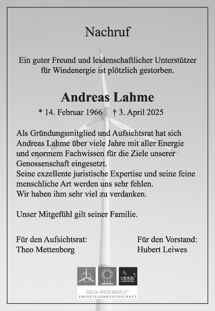  Traueranzeige für Andreas Lahme vom 09.04.2025 aus Die Glocke