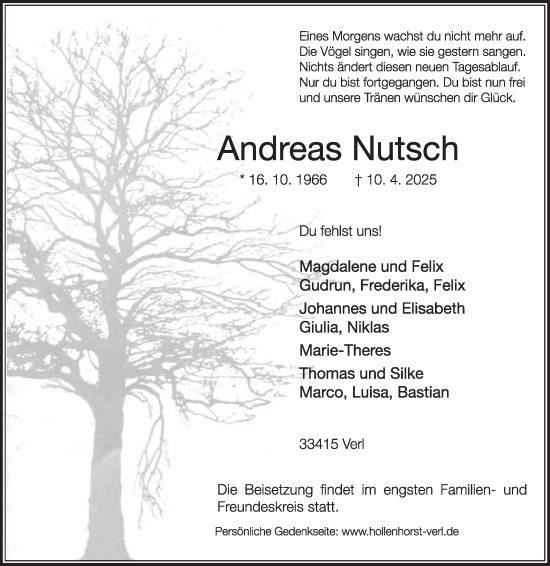 Traueranzeige von Andreas Nutsch von Die Glocke