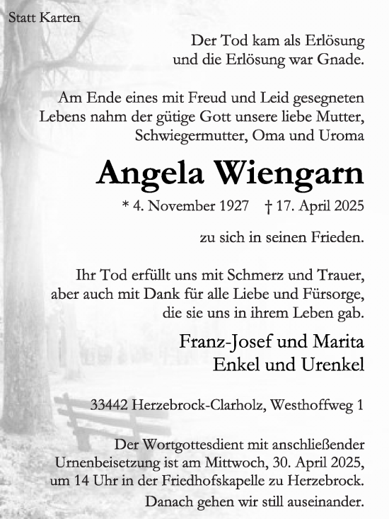 Traueranzeige von Angela Wiengarn von Die Glocke