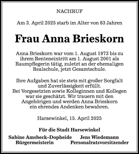 Traueranzeige von Anna Brieskorn von Die Glocke