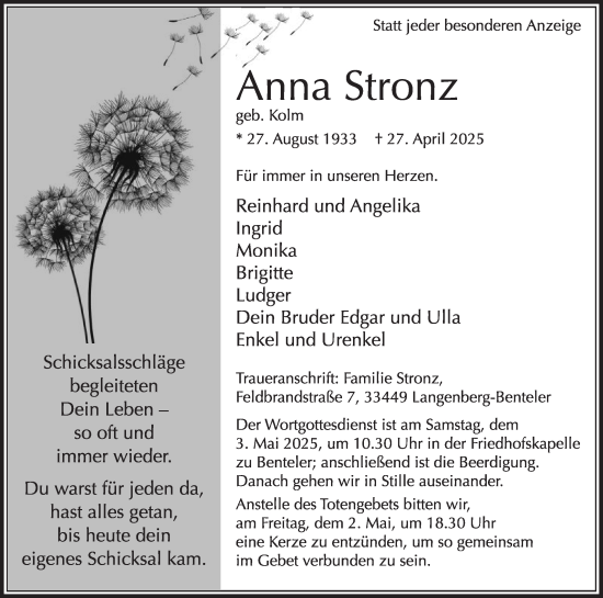 Traueranzeige von Anna Stronz von Die Glocke