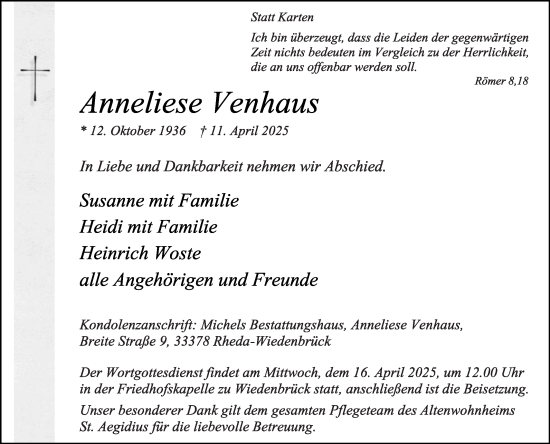 Traueranzeige von Anneliese Venhaus von Die Glocke