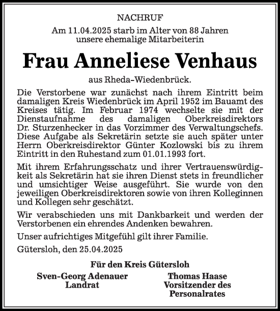 Traueranzeige von Anneliese Venhaus von Die Glocke