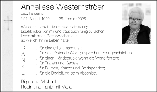 Traueranzeige von Anneliese Westernströer von Die Glocke