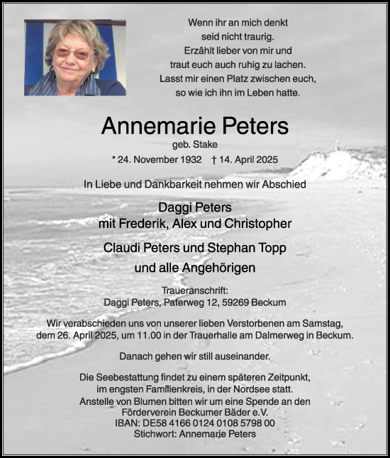 Traueranzeige von Annemarie Peters von Die Glocke