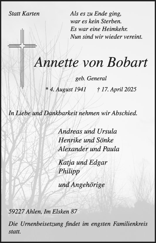 Traueranzeige von Annette von Bobart von Die Glocke