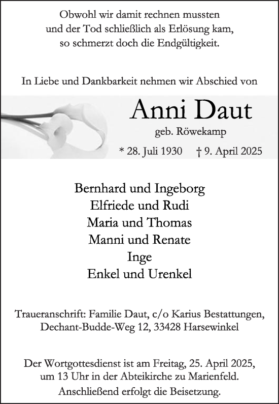 Traueranzeige von Anni Daut von Die Glocke