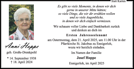 Traueranzeige von Anni Hoppe von Die Glocke