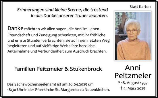 Traueranzeige von Anni Peitzmeier von Die Glocke