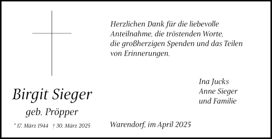 Traueranzeige von Birgit Sieger 