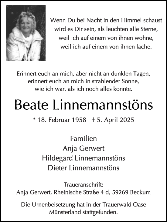 Traueranzeige von Beate Linnemannstöns von Die Glocke