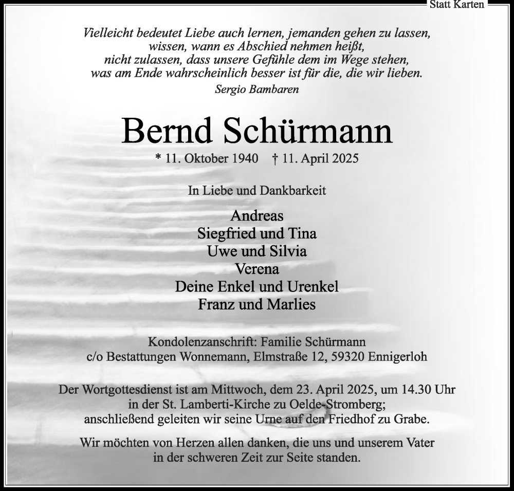  Traueranzeige für Bernd Schürmann vom 19.04.2025 aus Die Glocke