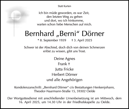 Traueranzeige von Bernhard Dörner von Die Glocke