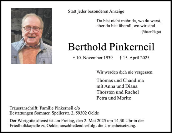 Traueranzeige von Berthold Pinkerneil von Die Glocke