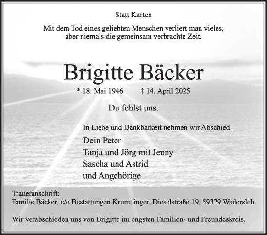Traueranzeige von Brigitte Bäcker von Die Glocke