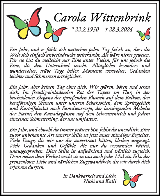 Traueranzeige von Carola Wittenbrink von Die Glocke