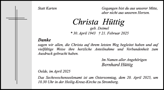 Traueranzeige von Christa Hüttig von Die Glocke