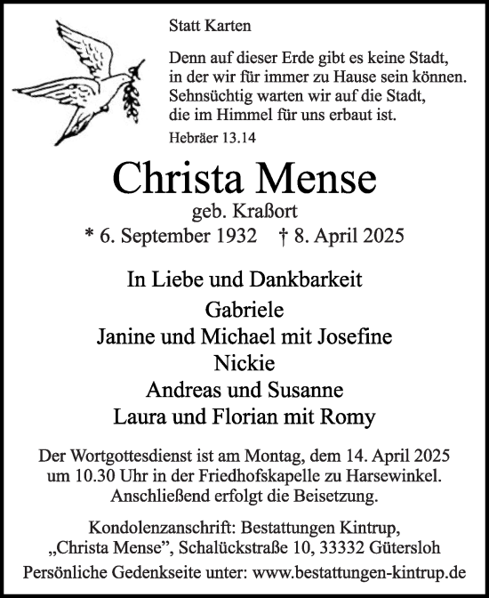 Traueranzeige von Christa Mense von Die Glocke