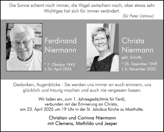 Traueranzeige von Christa Niermann von Die Glocke