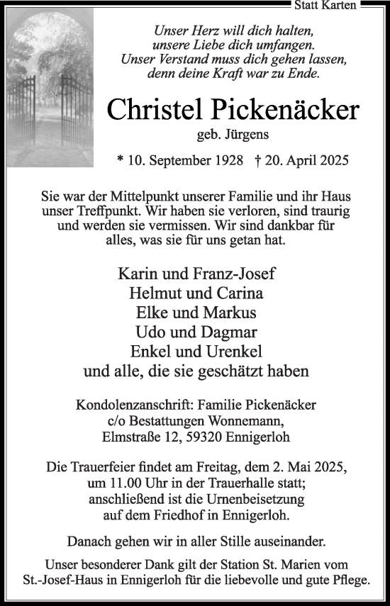 Traueranzeige von Christel Pickenäcker von Die Glocke