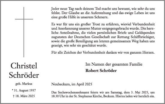 Traueranzeige von Christel Schröder von Die Glocke